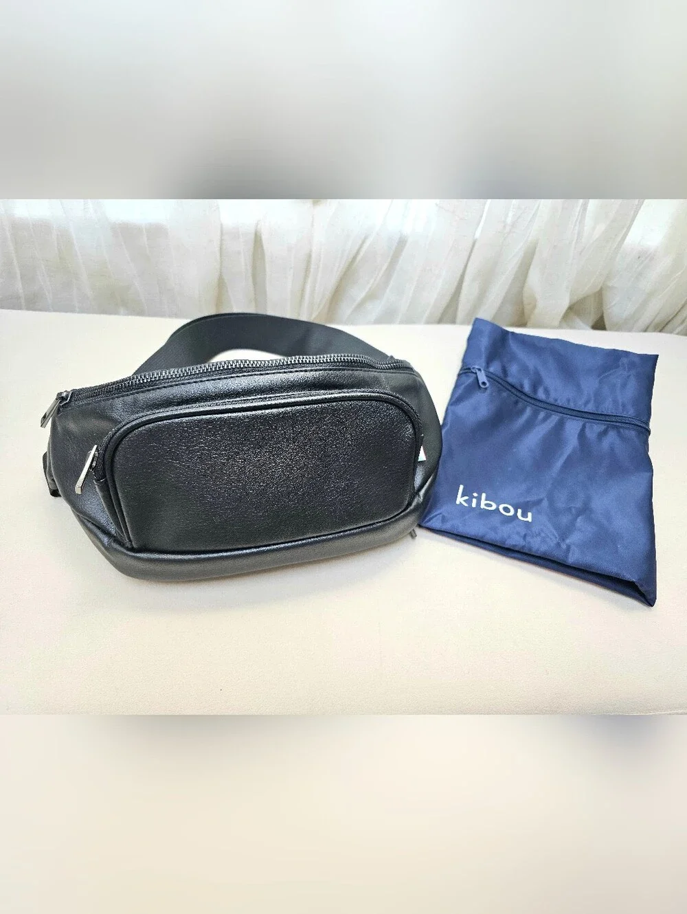 Kibou Vegan Leather Diaper Bag Black Changing Pad Wipes Pocket Belt Bag